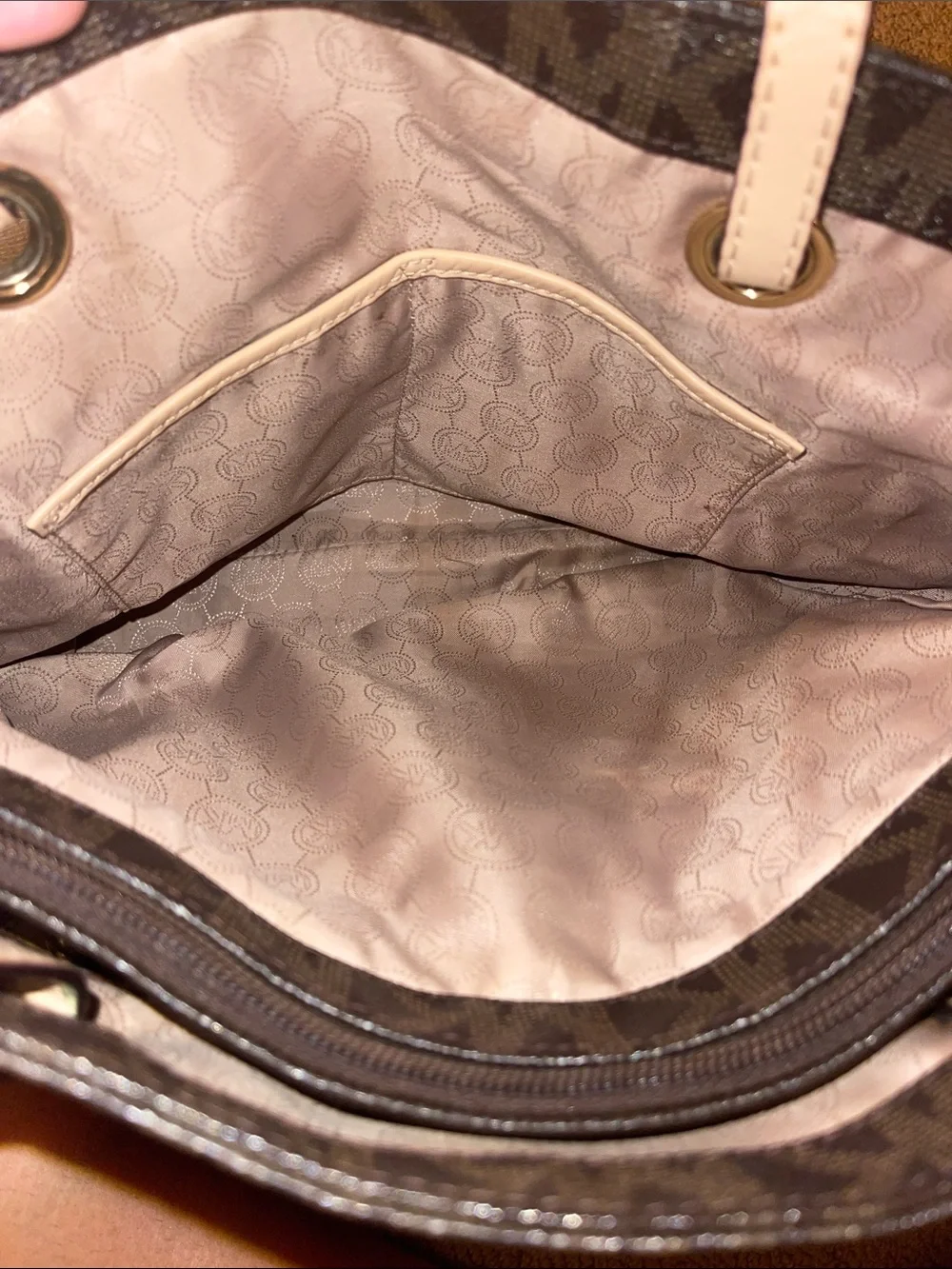Michael Kors Brown Logo Tote with Light cream Handles
